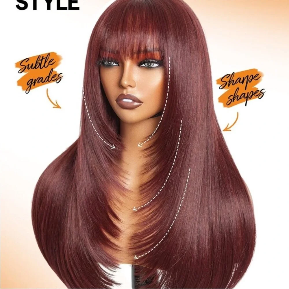 Straight Layered Wigs with Bangs Glueless Burgundy Color Wig 22 Inch Put On&Go!